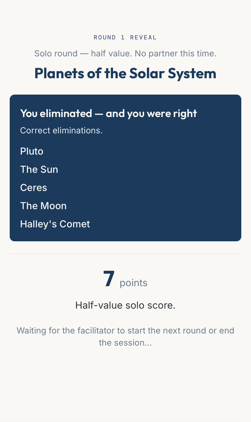 Unmute Moment reveal screen showing a solo round scored 7 points with correct eliminations listed