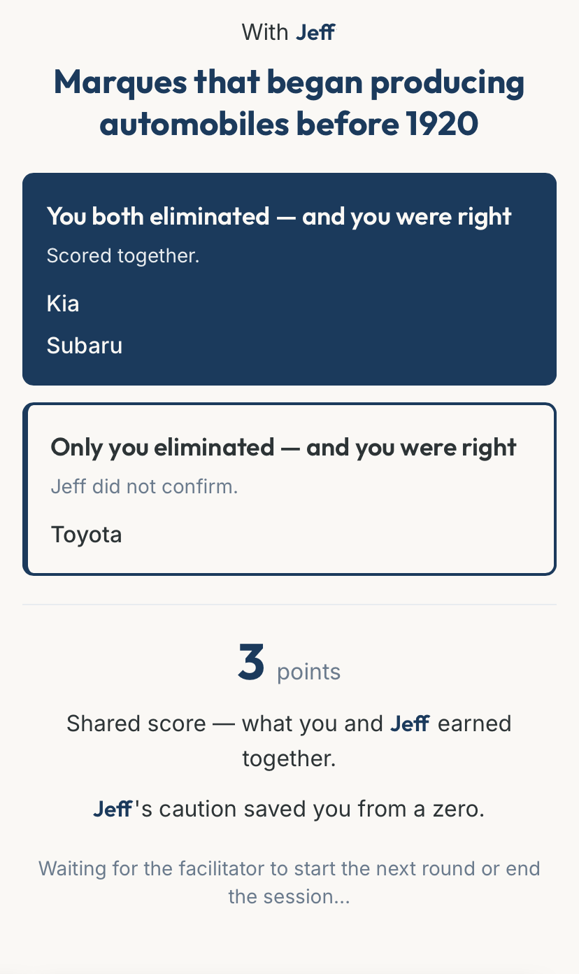 Unmute Moment reveal screen showing a shared score and a solo correct elimination