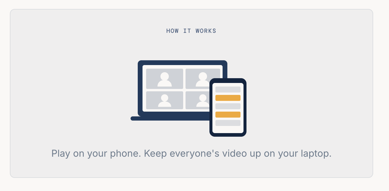 Setup diagram: play on your phone, keep everyone's video up on your laptop