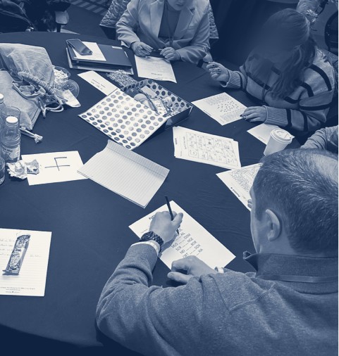 A team working through prompts around a table